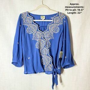 Fig & Flower Blue Embroidered Boho Wrap Top Medium Cottage Peasant Folk Coastal